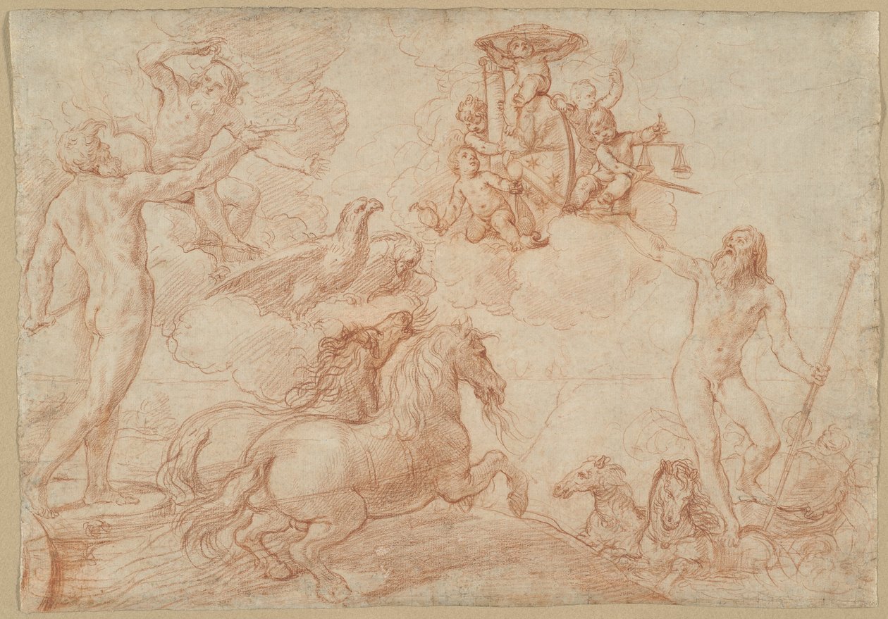 Jupiter, Neptun a Pluto vzdávají hold erbu kardinála Borghese od Simone Cantarini