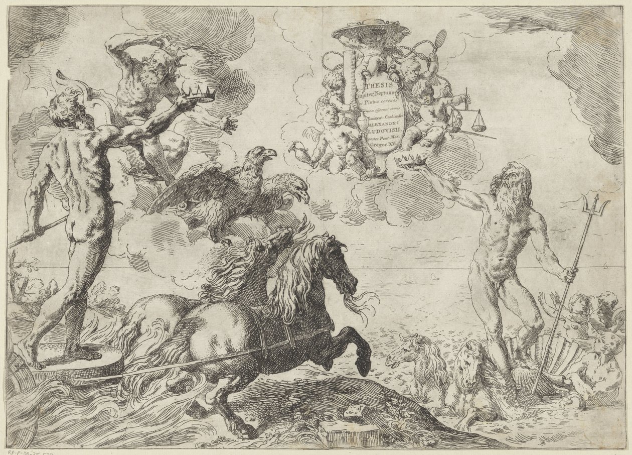 Jupiter, Neptun a Pluto nabízejí své koruny do náruče kardinála Scipione Borghese Diplomová práce Jupiter, Neptun a Pluto coronas suas offerunt armis (název na objektu) od Simone Cantarini