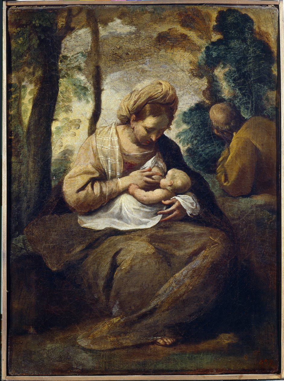 Odpočinek na útěku do Egypta. obraz Simone Cantarini (1612-1648), olej na plátně. italské umění (Bologna) od Simone Cantarini
