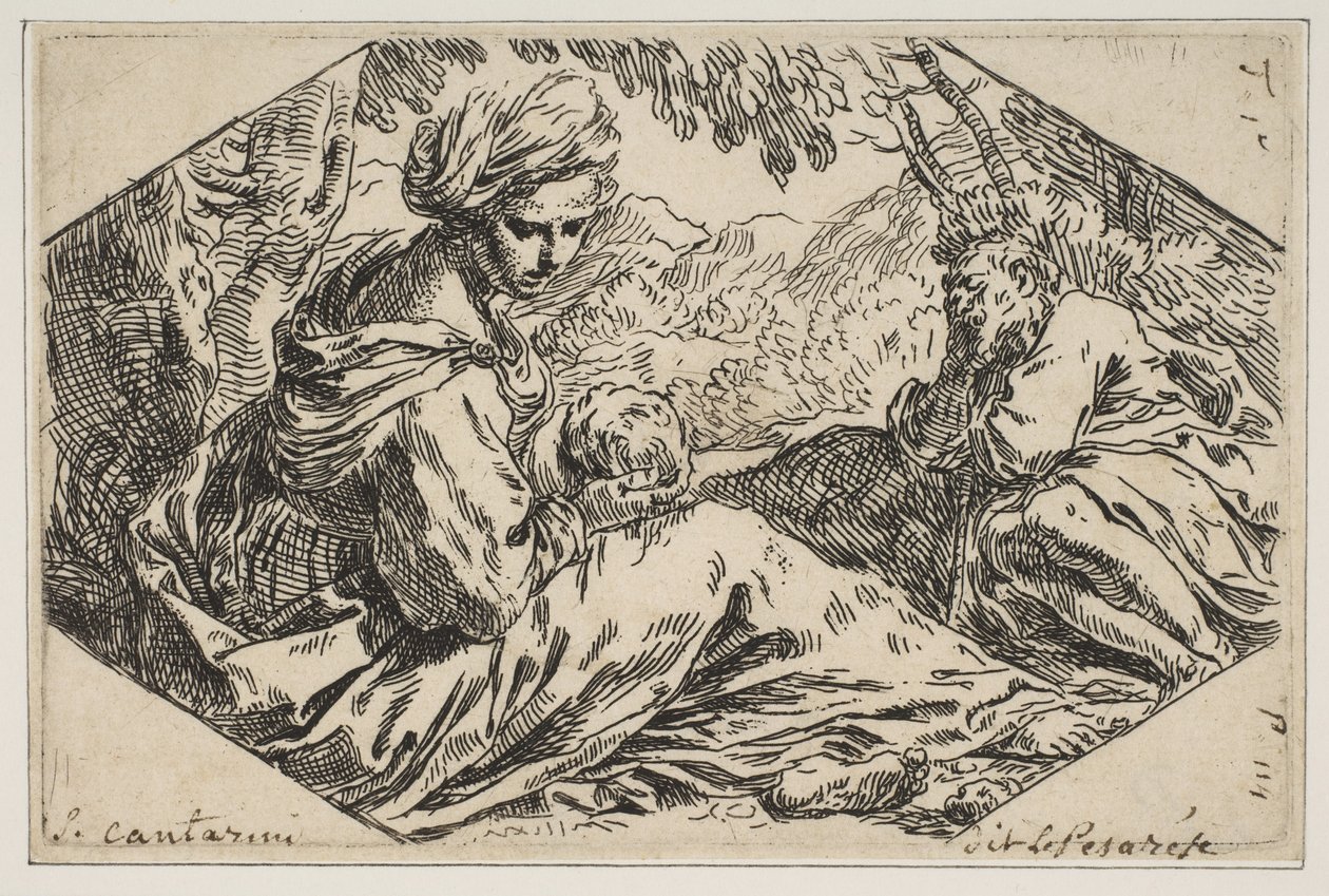 Odpočívej v Egyptě, Marie drží malého Krista a dívá se na něj, zatímco sv. Josef s..., ca. 1637-1639. od Simone Cantarini