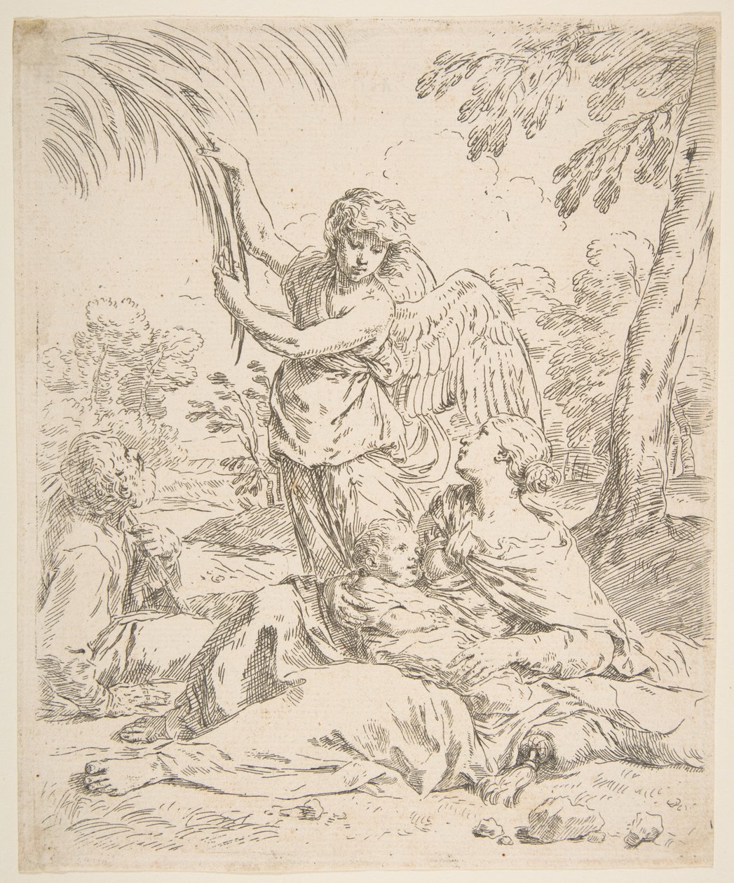 Odpočívej v Egyptě, Marie kojí malého Krista, zatímco anděl tahá za větve stromů, ca. 1639. od Simone Cantarini