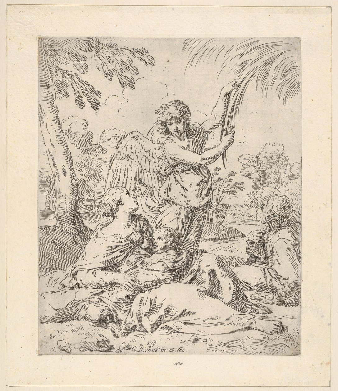 Odpočívej v Egyptě, Marie kojí malého Krista, zatímco anděl tahá za větev stromu..., asi 1630-1648. od Simone Cantarini