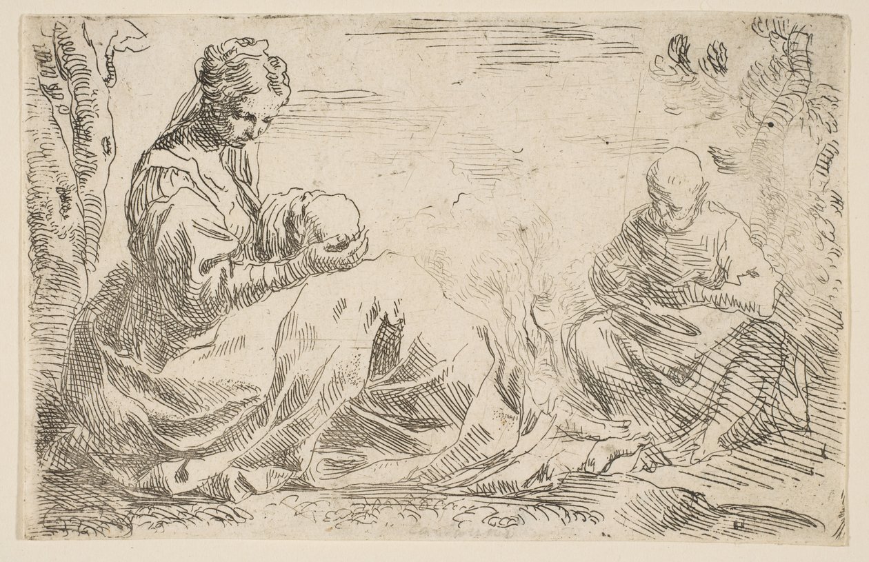 Odpočívej na útěku do Egypta, Marie drží a dívá se na malého Krista, zatímco sv..., ca. 1637. od Simone Cantarini