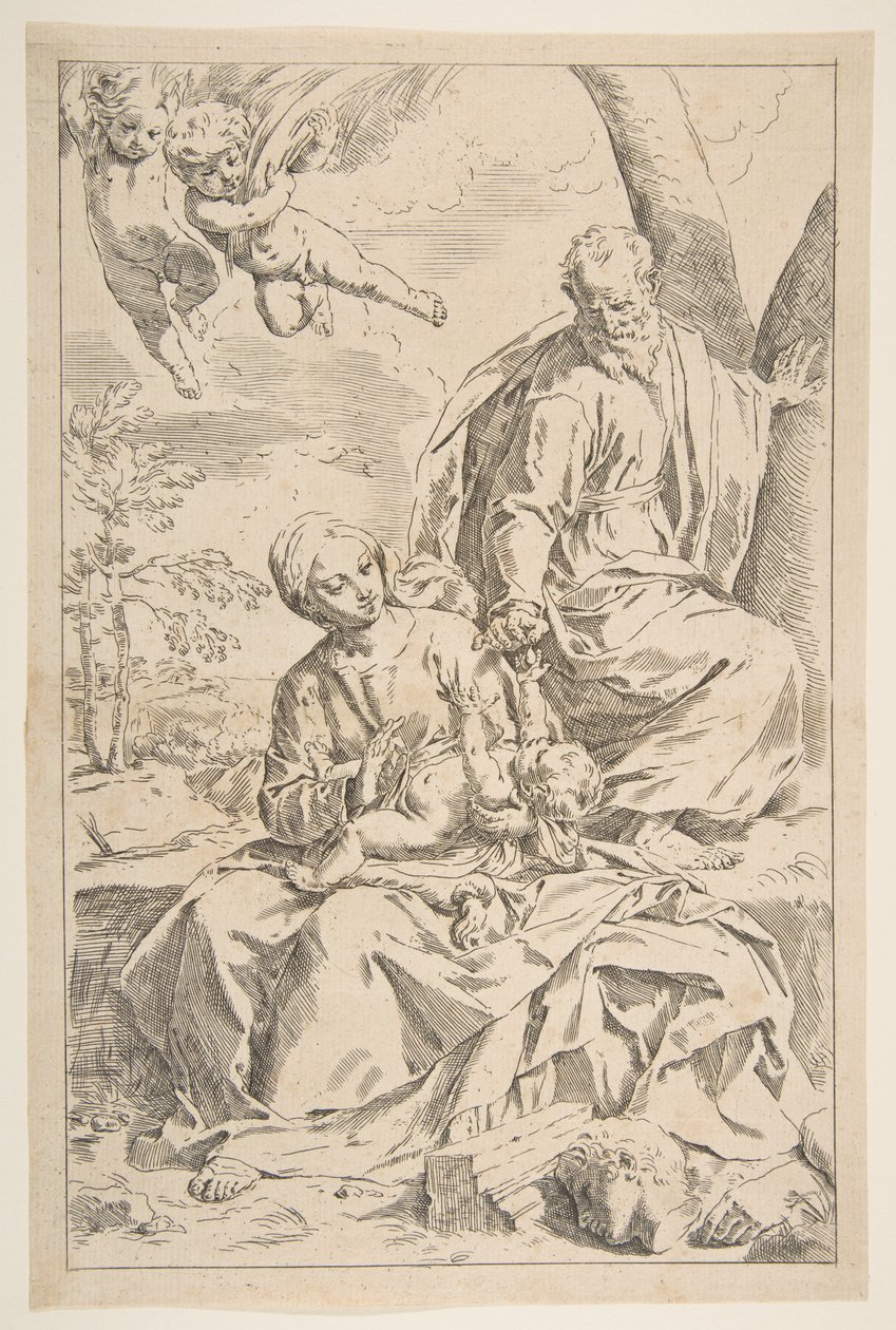 Odpočívej na útěku do Egypta, Marie drží malého Krista, zatímco svatý Josef podává h..., ca. 1639. od Simone Cantarini