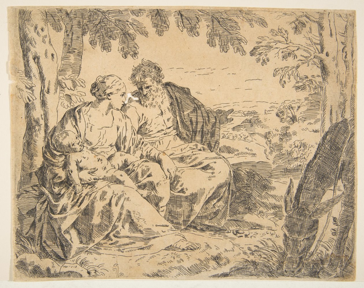Odpočívej na útěku do Egypta, Marie drží malého Krista, zatímco sv. ..., ca. 1637-1639 nebo později. od Simone Cantarini