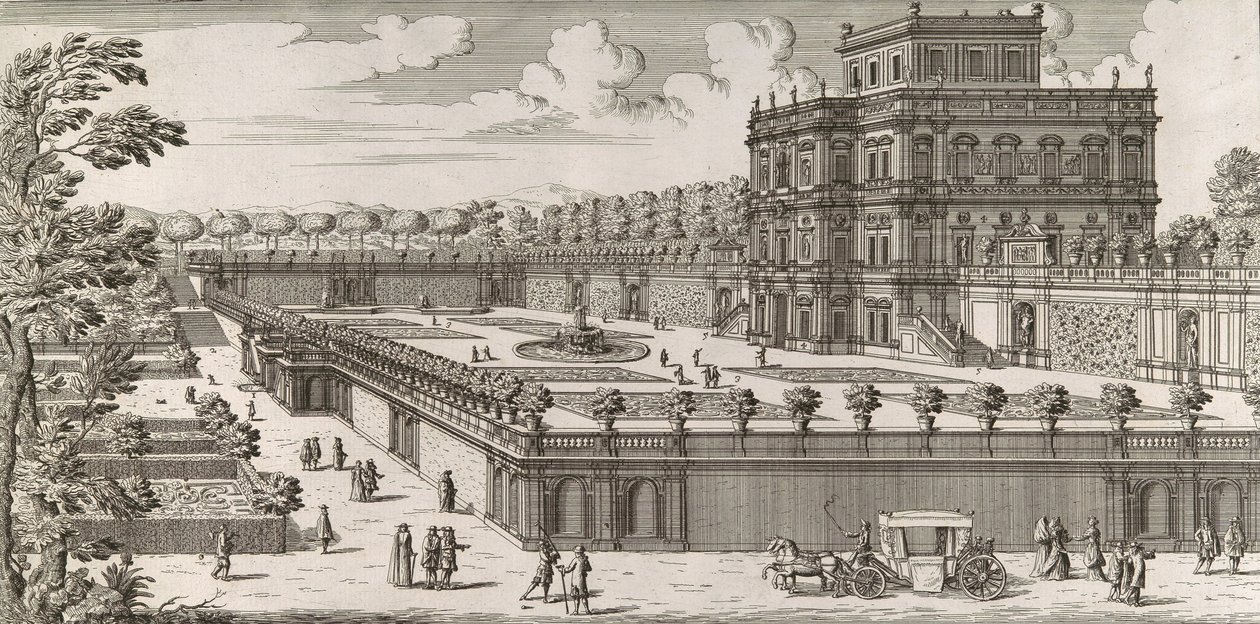 Pohled na průčelí Palazzo Pamphili a jeho zahradu Secondo Prospetto Pe..., po od Simone Felice