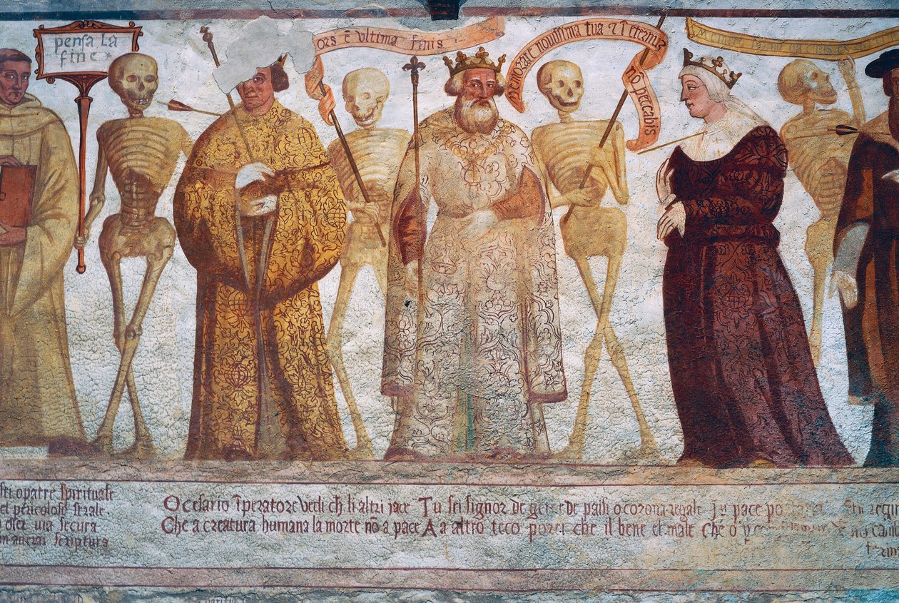 Smrt s císařem, králem a královnou, detail z Tanec smrti od Simone II Baschenis