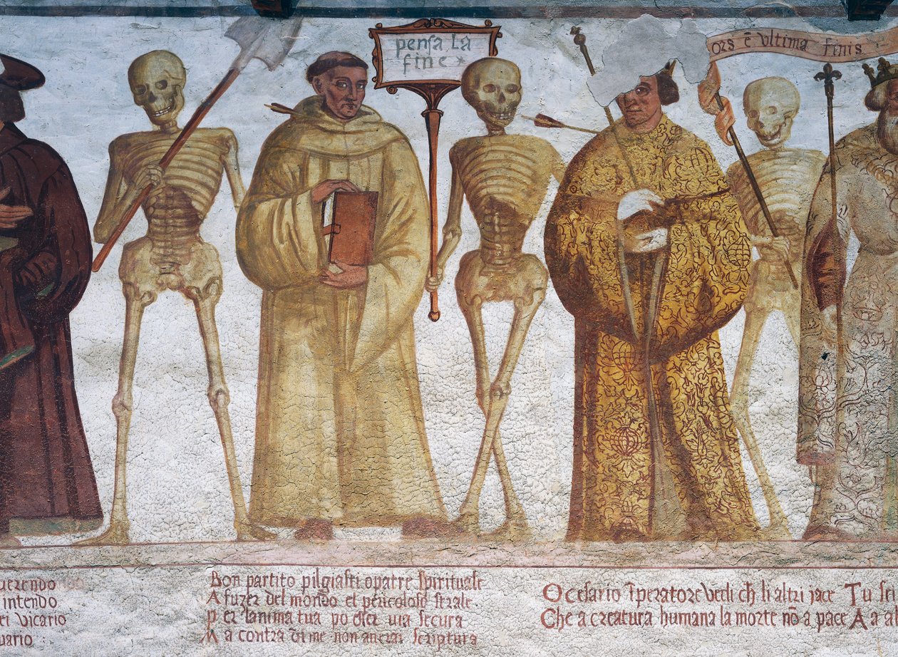 Smrt s mnichem, detail z Tanec smrti od Simone II Baschenis