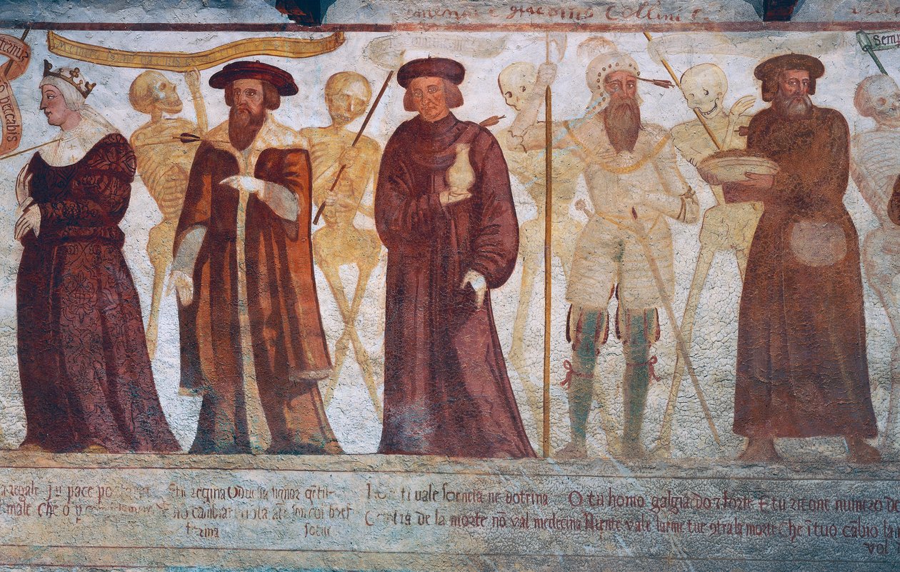 Smrt s královnou, vévodou, doktorem a bohatým lakomcem, detail z filmu Tanec smrti od Simone II Baschenis