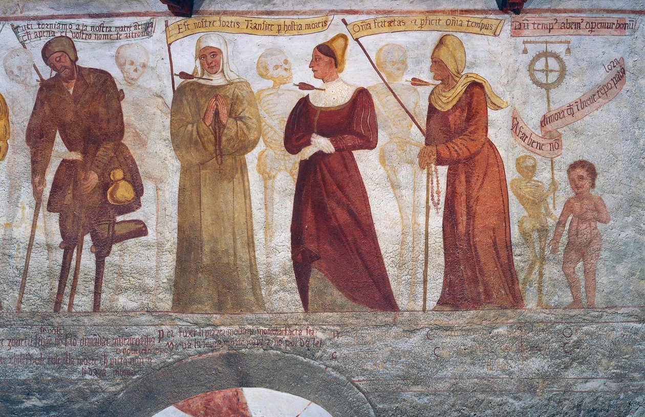 Smrt s chromým mužem, jeptiškou, mladou ženou, starou ženou a dítětem, detail z Tanec smrti od Simone II Baschenis