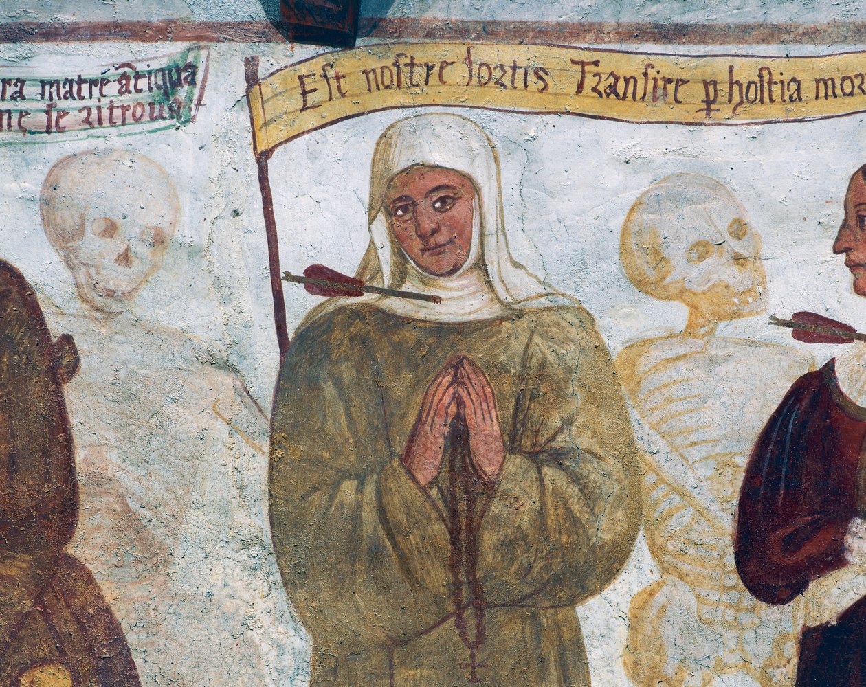 Smrt s jeptiškou, detail z Tanec smrti od Simone II Baschenis