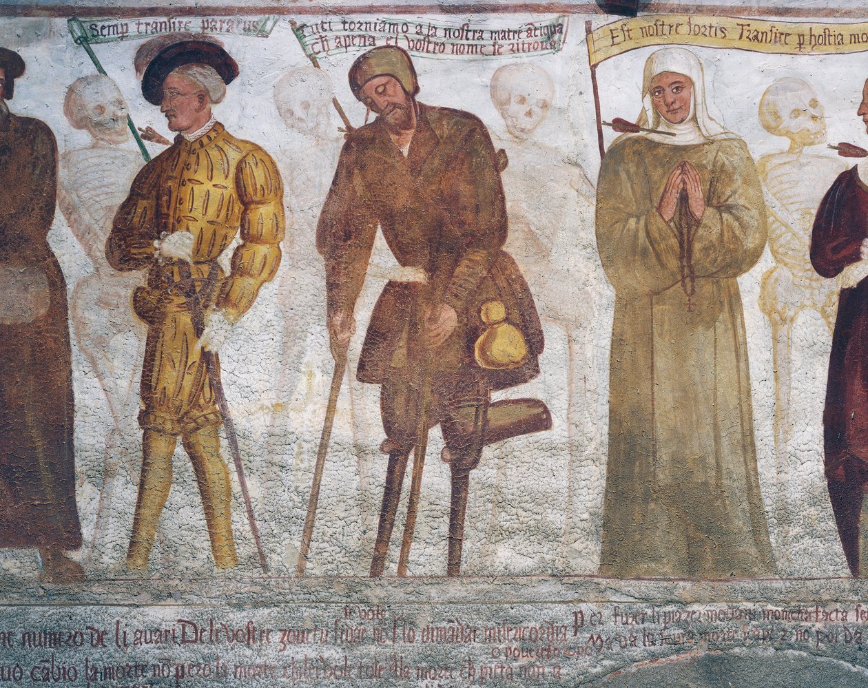 Smrt s mladíkem, žebrákem a jeptiškou, detail z Tanec smrti od Simone II Baschenis