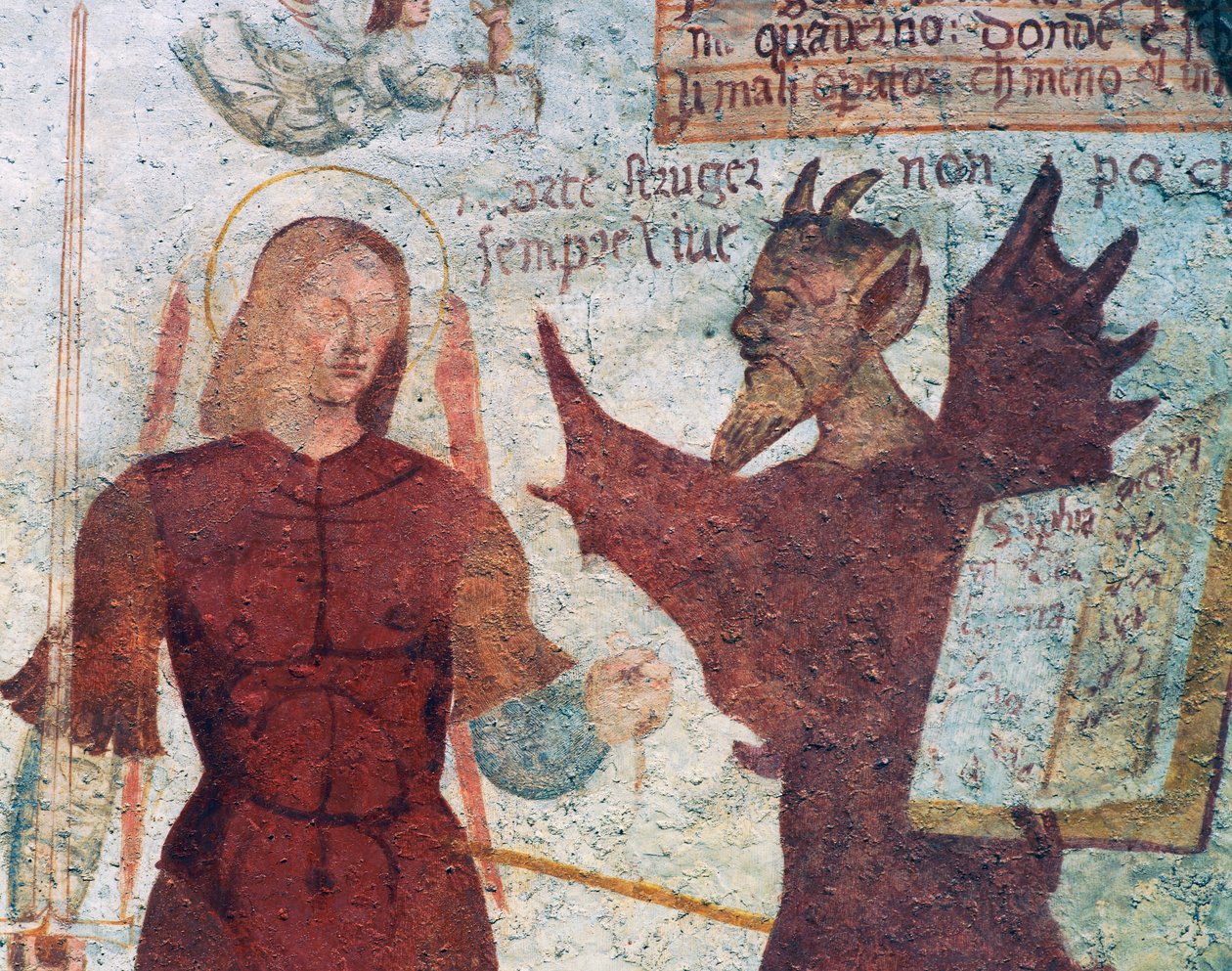 Archanděl Michael a ďábel s knihou sedmi smrtelných hříchů, detail z Tanec smrti od Simone II Baschenis
