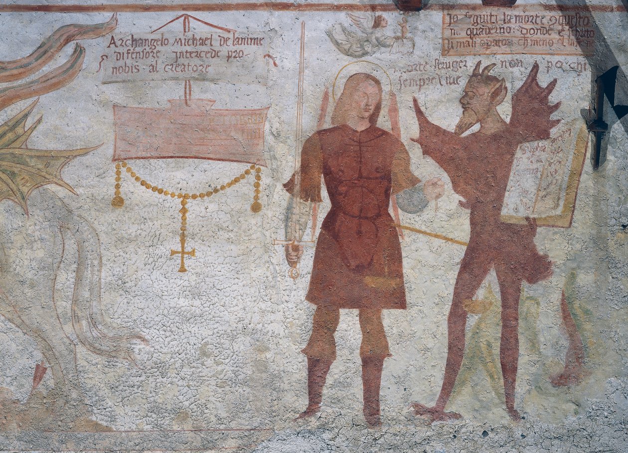 Archanděl Michael a ďábel s knihou sedmi smrtelných hříchů, detail z Tanec smrti od Simone II Baschenis