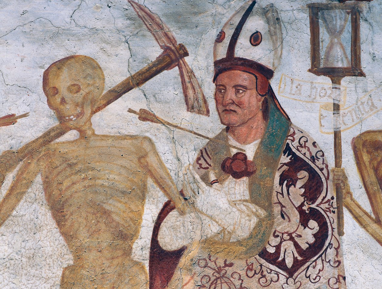 Biskup a smrt, detail z Tanec smrti od Simone II Baschenis