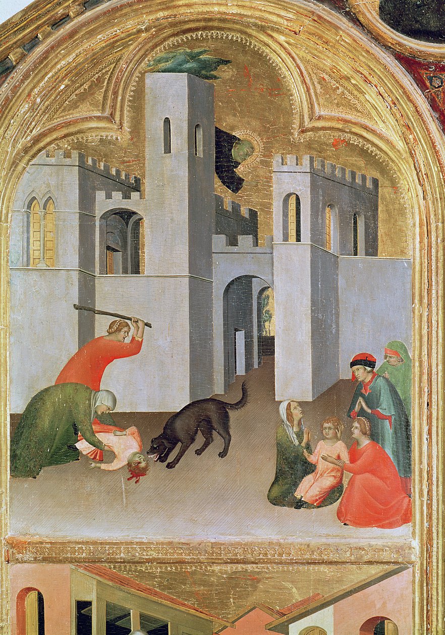 Agostino Novella Záchrana dítěte, které bylo pokousáno psem, detail z oltáře blahoslaveného Agostina Novella, cca 1328 (tempera na panelu) od Simone Martini