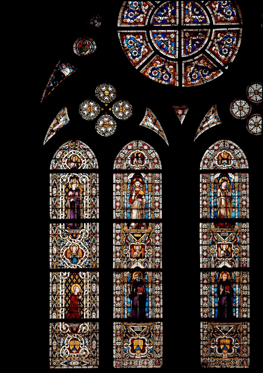 Nahoře symboly evangelistů, pod San Ludovico di Tolosa (Louis z Anjou nebo Saint Louis z Toulouse od Simone Martini