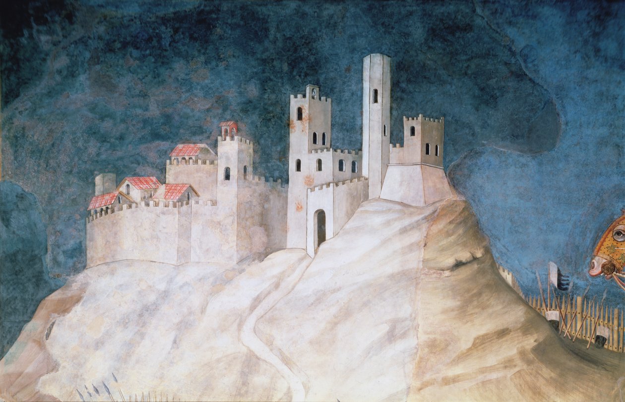 Připomínka Guidoriccia da Fogliana při obléhání Montemassi, detail pevnosti Montemassi, ze Sala del Mappamondo, 1328 od Simone Martini