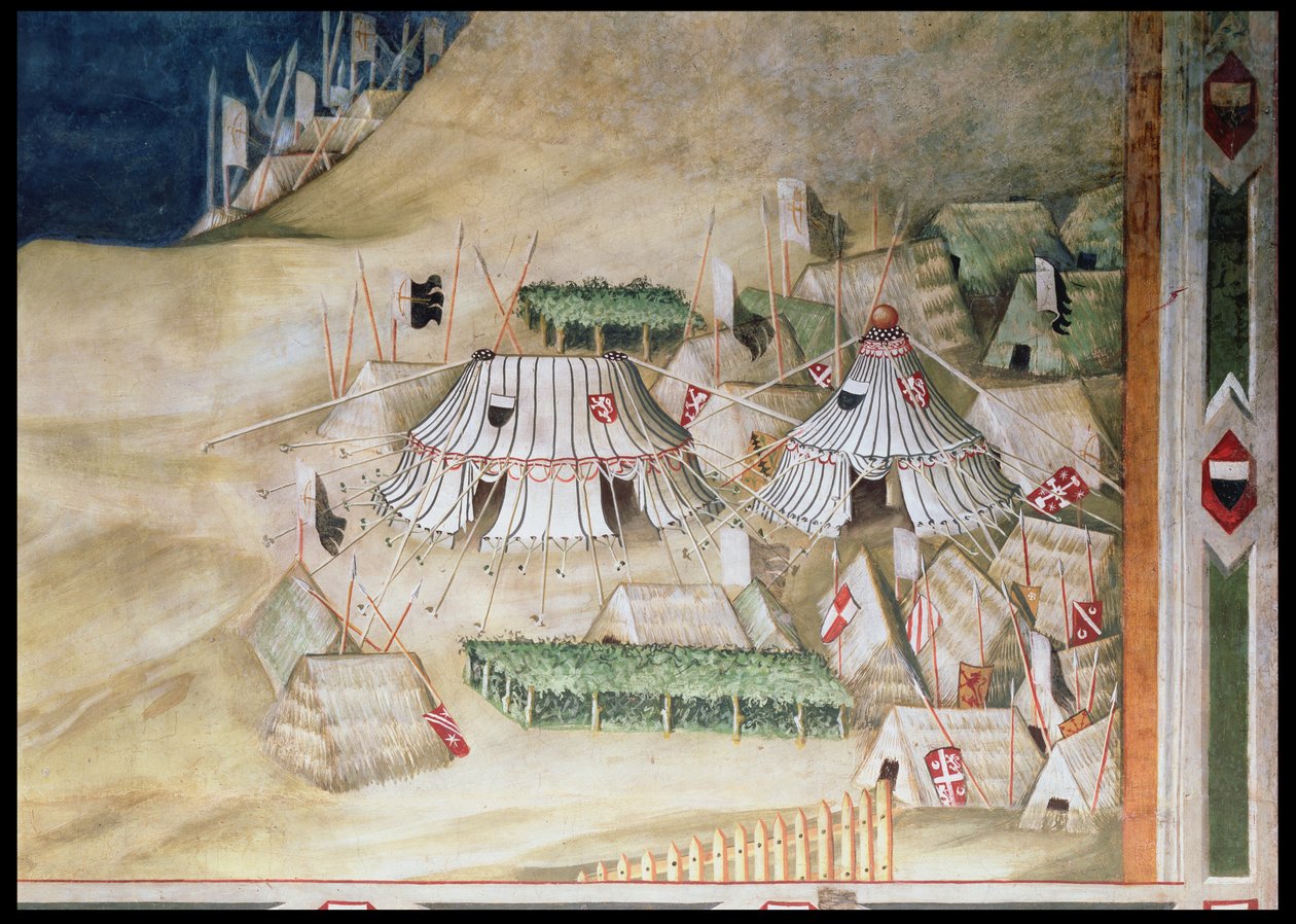 Připomínka Guidoriccia da Fogliana při obléhání Montemassi, detail vojenského tábora, ze Sala del Mappamondo, 1328 od Simone Martini
