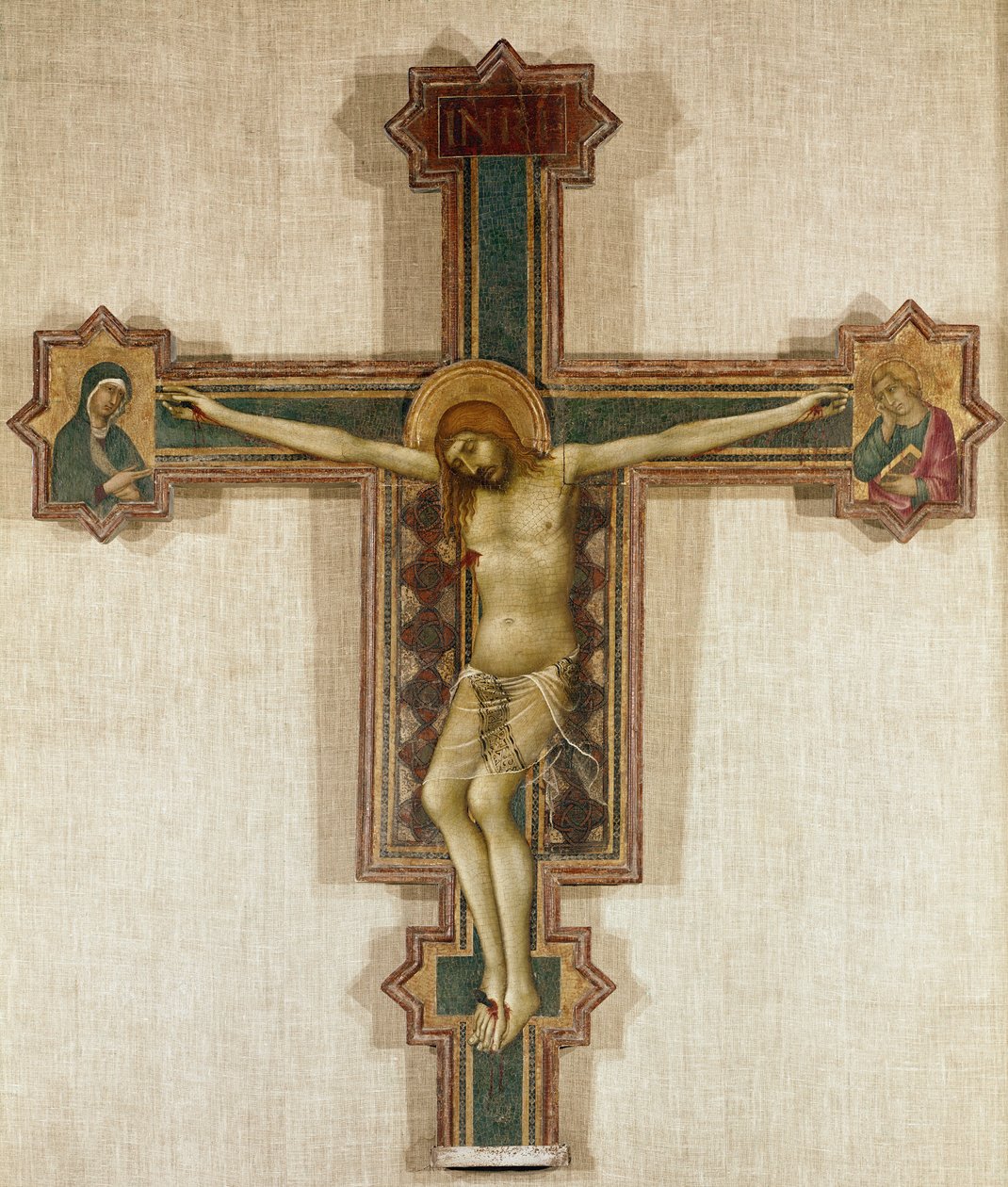 Krucifix s Pannou Marií a svatým Janem Evangelistou (tempera na dřevě, 1321-1325) od Simone Martini