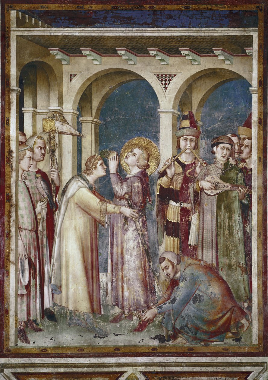 Freska ze života svatého Martina. Svatý Martin je rytíř, detail. Předvečer Saint Martin de Tours a hudebníci. Obraz Simone Martini (1280-1344). Freska od Simone Martini