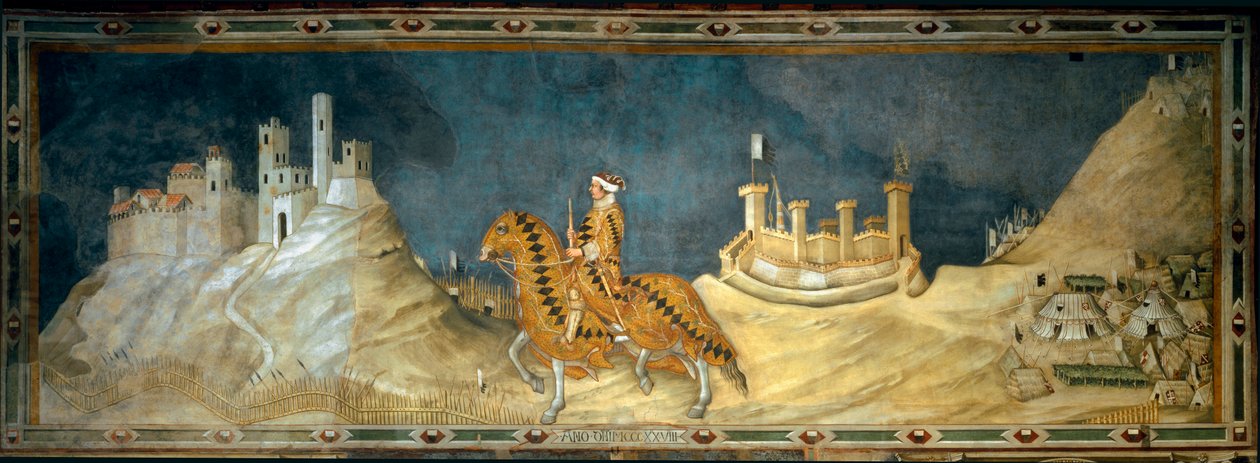 Guidoriccio da Fogliano. reprezentace Guida Riccia da Fogliana (zemřel 1352), velitele (condottiero) sienské armády, během dobytí hradu Montemassi v Maremmě (Maremma) v roce 1328. Obraz Simone Martini (1280-1344) od Simone Martini