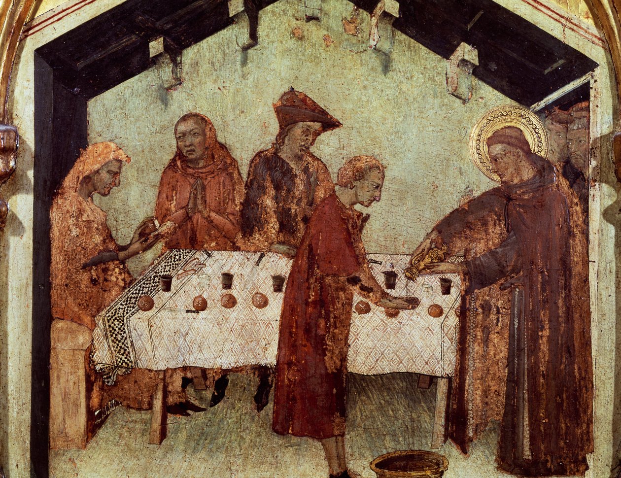 Ludvík sloužící mnichům u stolu, detail ze života Ludvíka z Toulouse, z predely svatého Ludvíka Biskup z Toulouse korunující svého bratra Roberta z Anjou, krále Neapole od Simone Martini