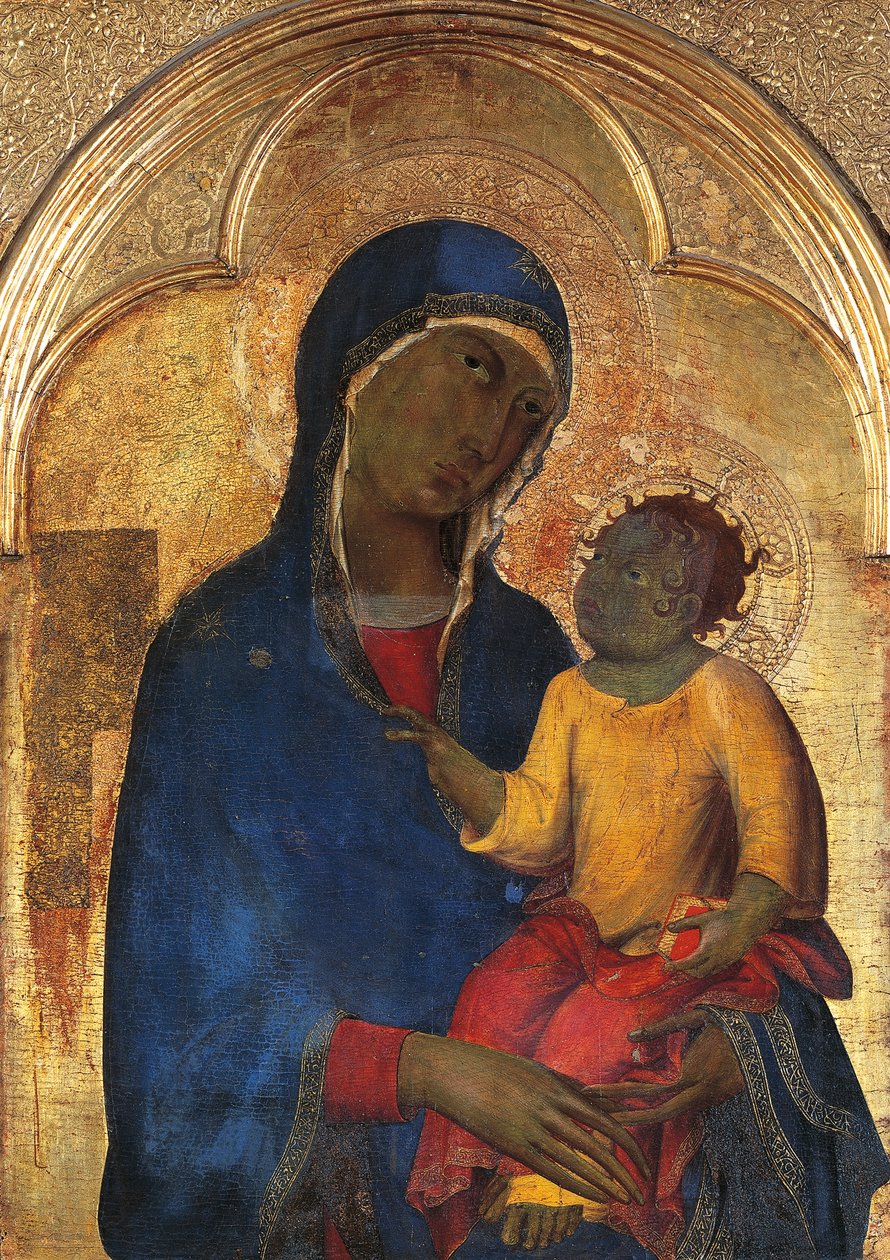 Madona s dítětem, detail z oltářního obrazu San Domenico od Simone Martini (1283-1344), tempera a zlato na dřevěné desce od Simone Martini