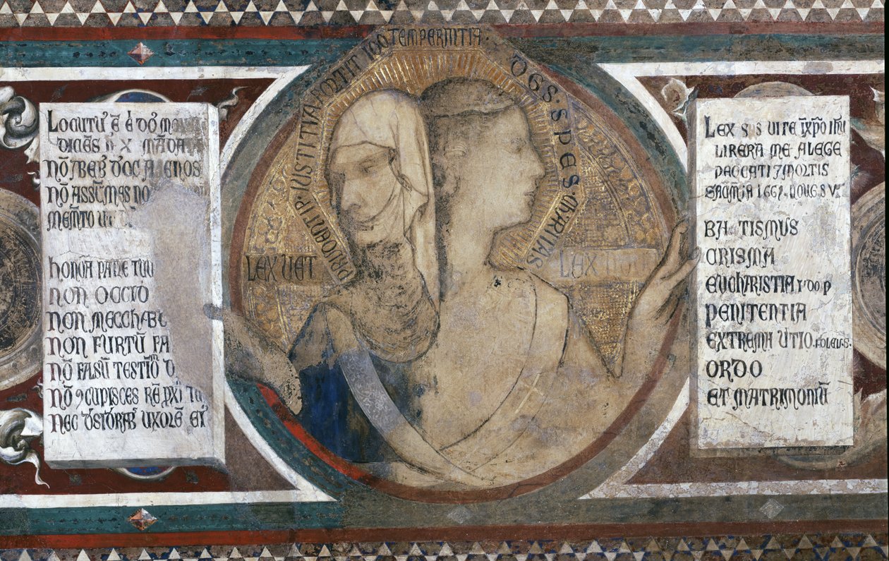 Maesta: Postava dvou tváří představující starý zákon a nový zákon, detail z rámu, 1315 detail 51591 od Simone Martini