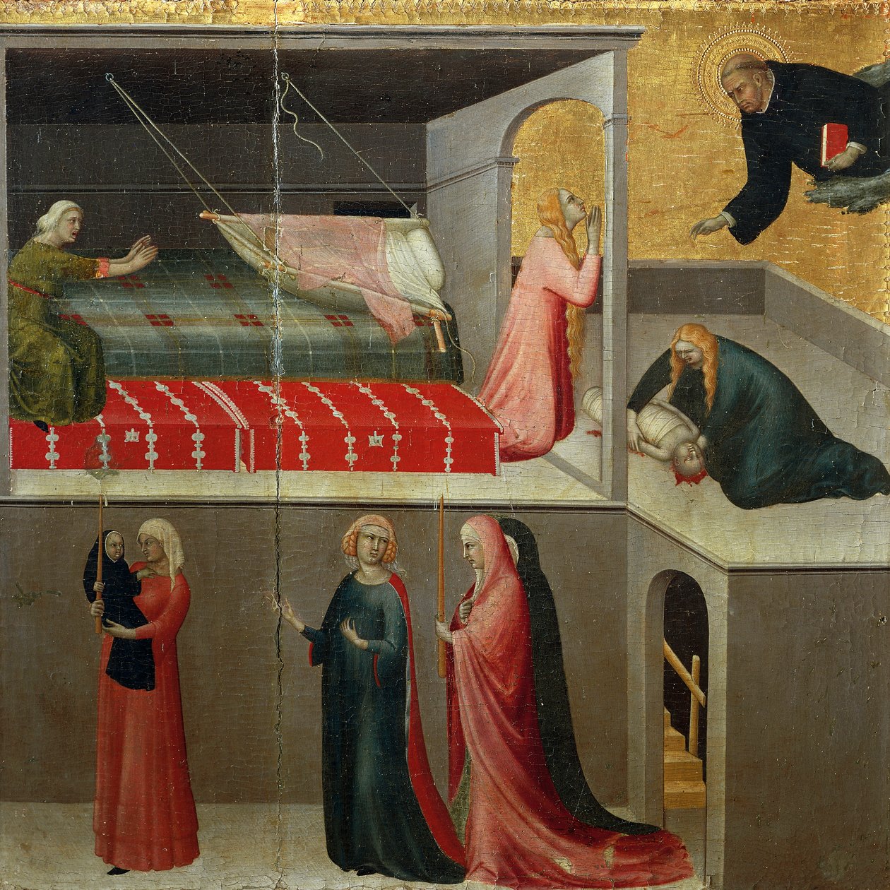 Zázrak dítěte, které spadlo z postýlky, detail z oltářního obrazu s názvem Blahoslavený Agostino Novello a příběhy jeho života Simone Martini (1283-1344), olej na plátně, 200x256 cm, kolem 1330 od Simone Martini