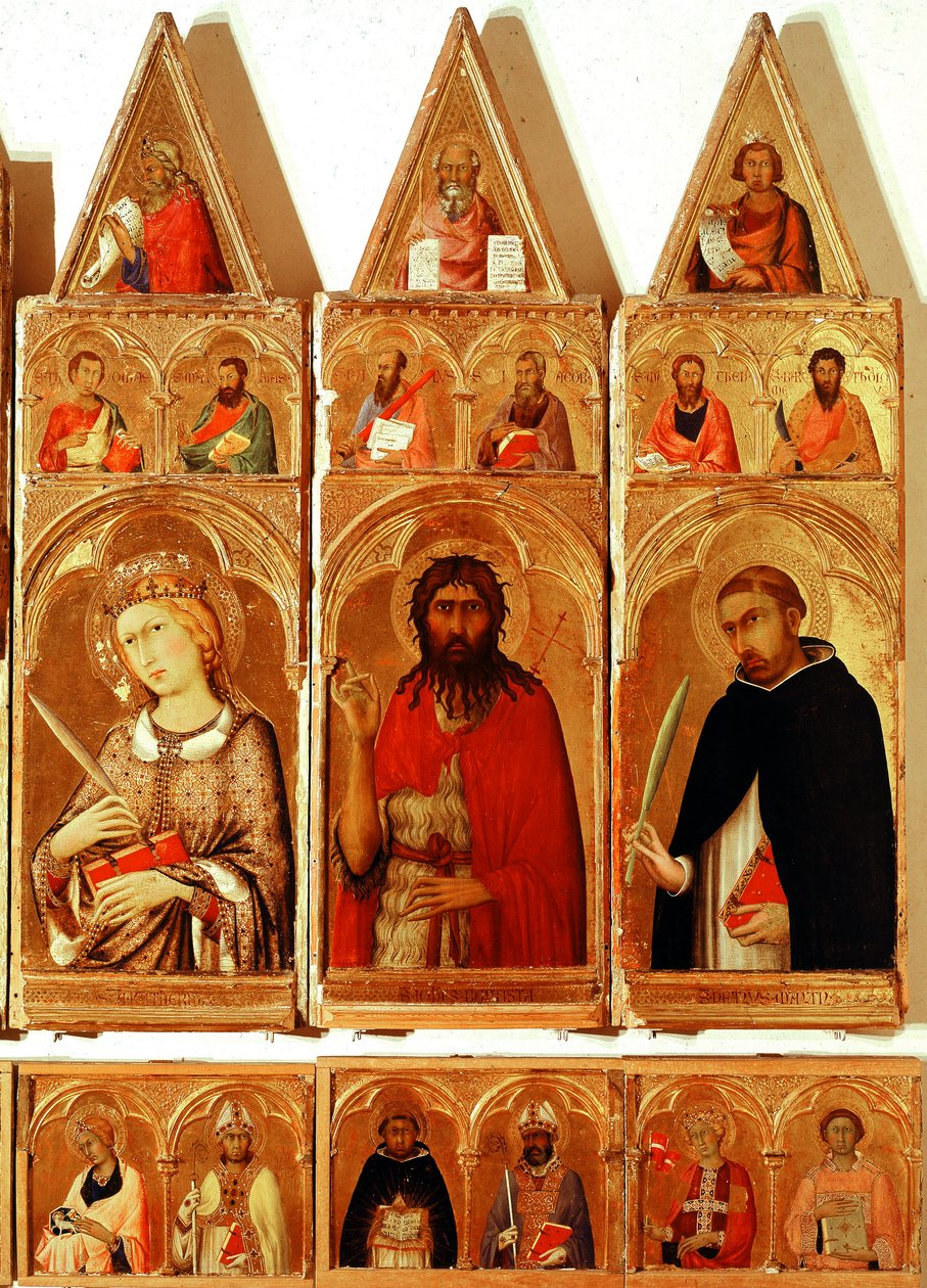 Svatá Kateřina Alexandrijská, svatý Jan Křtitel, svatý Petr z Verony. Detail polyptychu Svaté Kateřiny Alexandrijské (tempera a zlato na dřevě od Simone Martini