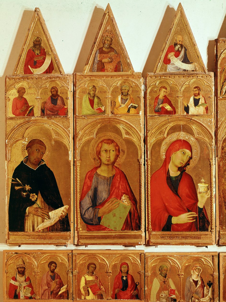Svatý Dominik, Svatý Jan Evangelista, Svatá Máří Magdalena. Detail polyptychu Svaté Kateřiny Alexandrijské (tempera a zlato na dřevě od Simone Martini