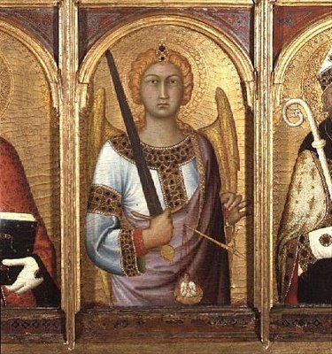 St. Michael, detail z oltářního obrazu SS Geminianus, Michael a Augustine, c.1319 (tempera se zlatem a stříbrem na desce) (detail 58835) od Simone Martini