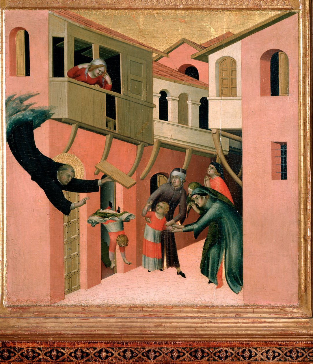Italský mnich Agostino Novello to říká Panormitano a znázornění čtyř jeho zázraků, když dítě spadne z balkónu, - tempera na panelu od Simone Martini