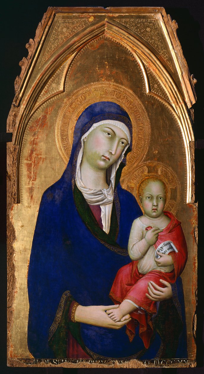 Madona s dítětem, detail z oltářního obrazu svatého Dominika, Simone Martini (1283-1344), tempera a zlato na dřevěné desce od Simone Martini