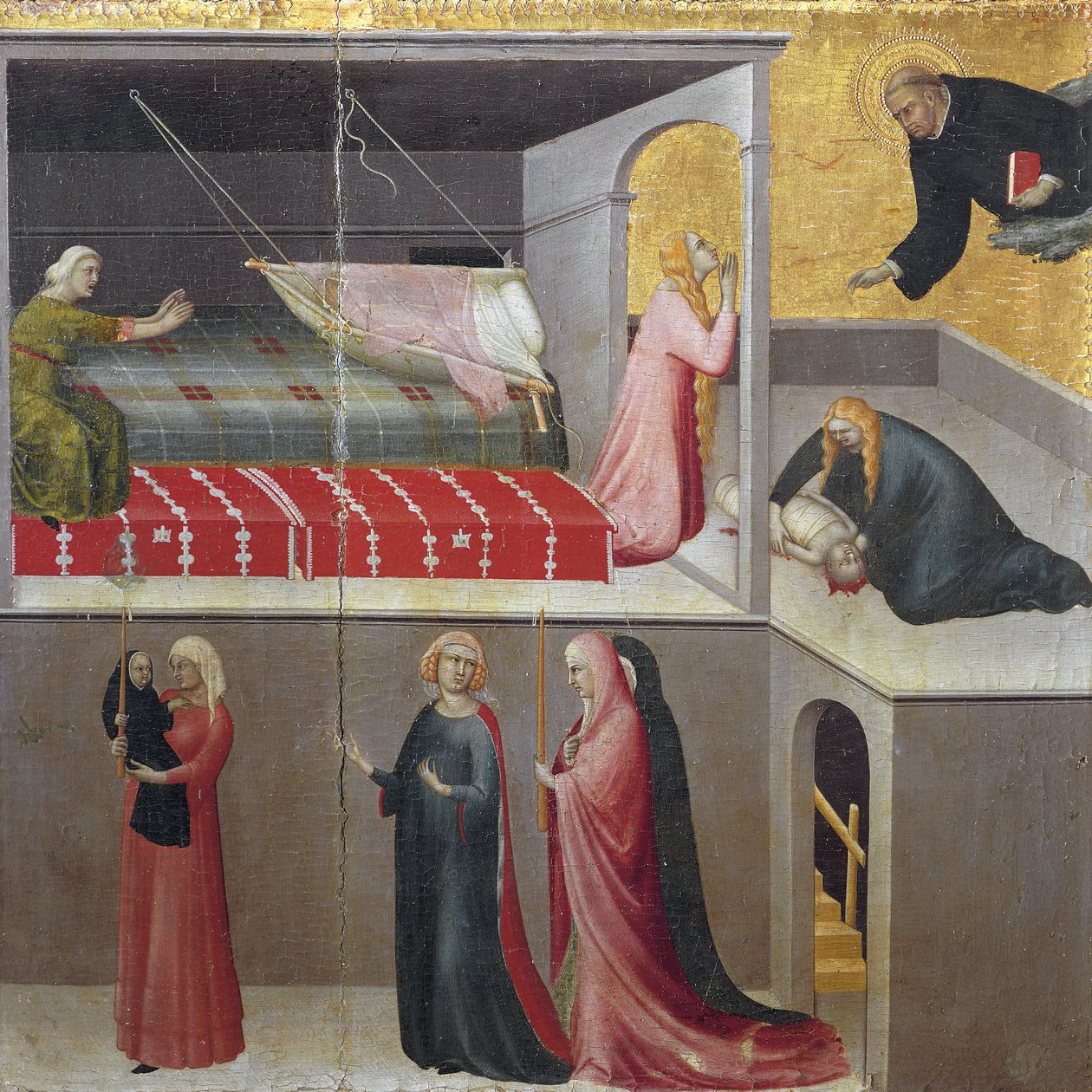Zázrak dítěte spadne z jeho kolébky: tři ženy mluvící ve spodní části scény. Část triptychu Historie poustevníka svatého Augustina (tempera na dřevě od Simone Martini