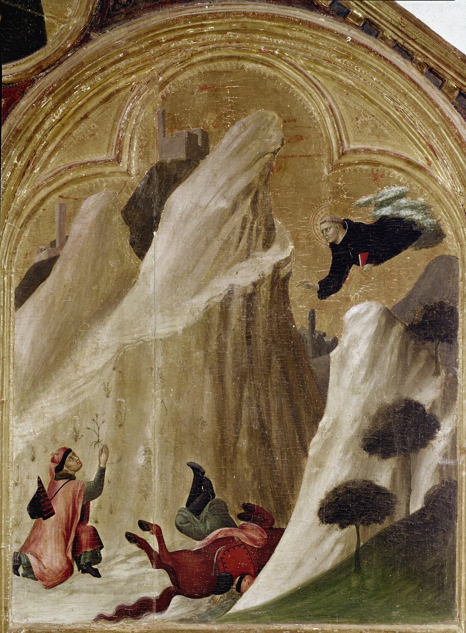 Zázrak, kdy rytíř spadl z útesu a zůstal naživu. Část triptychu Historie poustevníka svatého Augustina (tempera na dřevě od Simone Martini