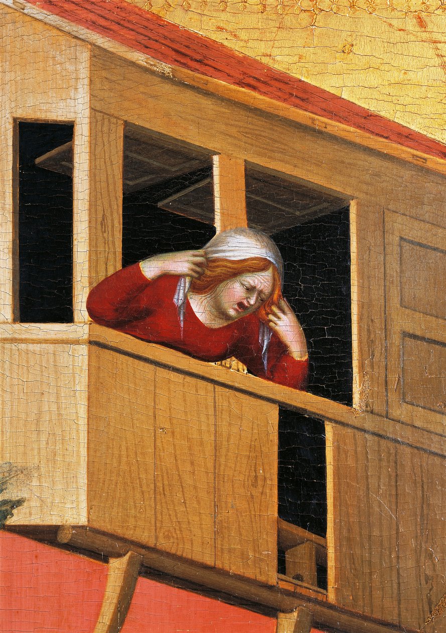 Žena naklánějící se nad balkonem, detail z oltářního obrazu s názvem Blahoslavený Agostino Novello a příběhy jeho života, Simone Martini (1283-1344), olej na plátně, 200x256 cm, cca 1330 od Simone Martini