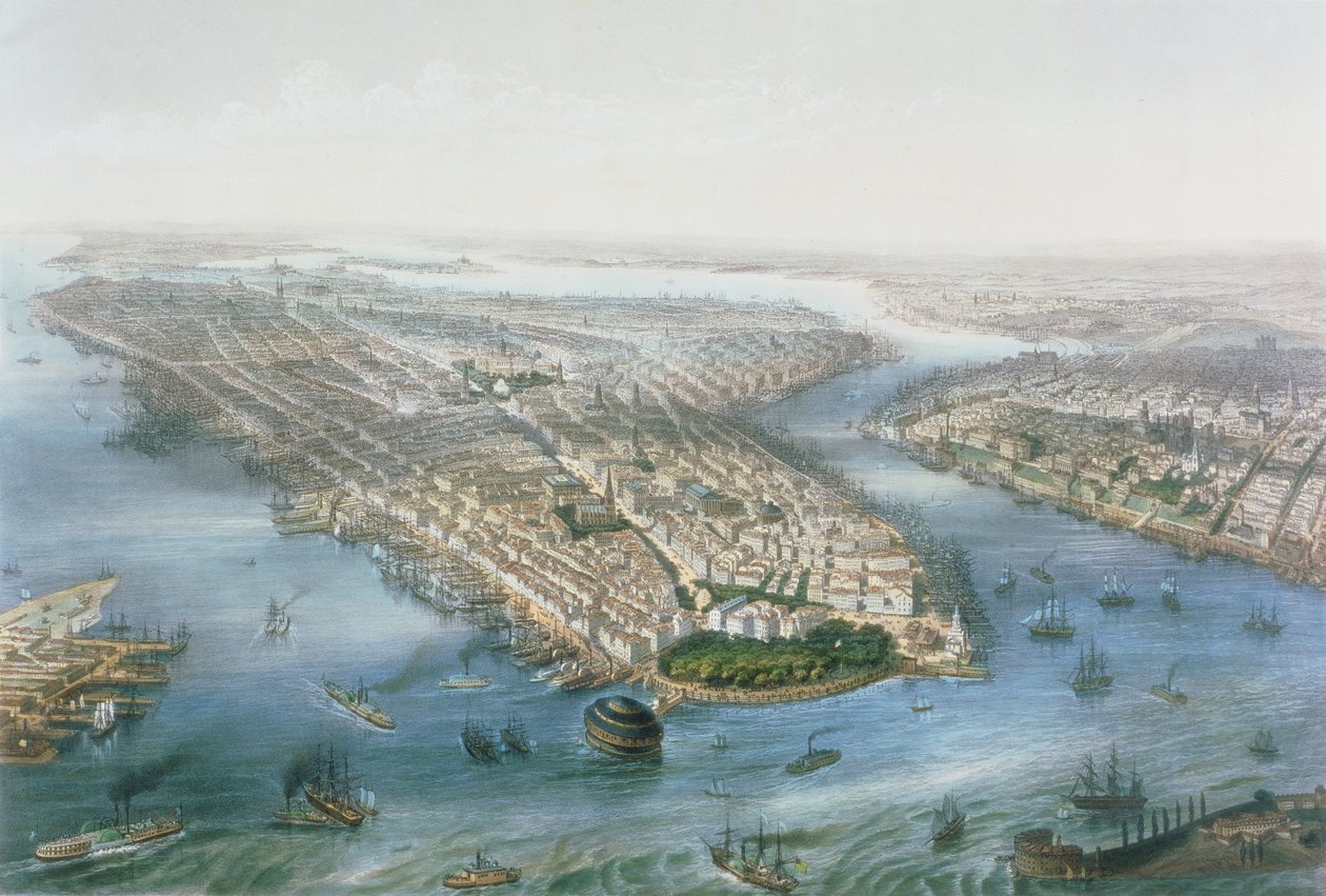 Letecký pohled na New York a Brooklyn, rytý T.H.E Miller, pub. L. Turgis, Paříž, 1855 od Simpson