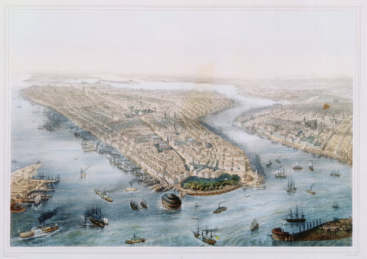 Letecký pohled na New York a Brooklyn, vyryl T.H. Muller, vydal L. Turgis, Paříž, kolem roku 1850 od Simpson