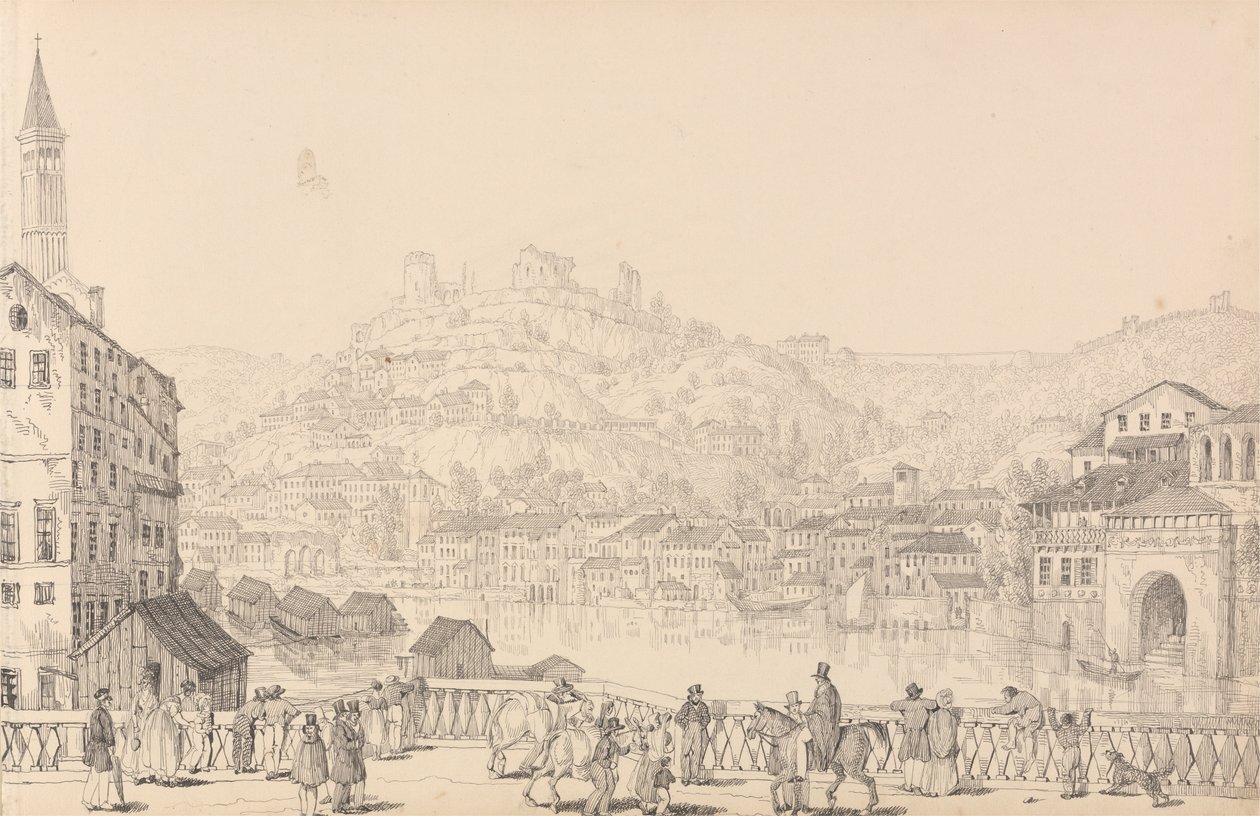 Album 30 pohledů v Tyrolsku a Itálii: Město Verona a hrad San Pietro z jiného mostu, 1. listopadu 1840 od Sir Charles D