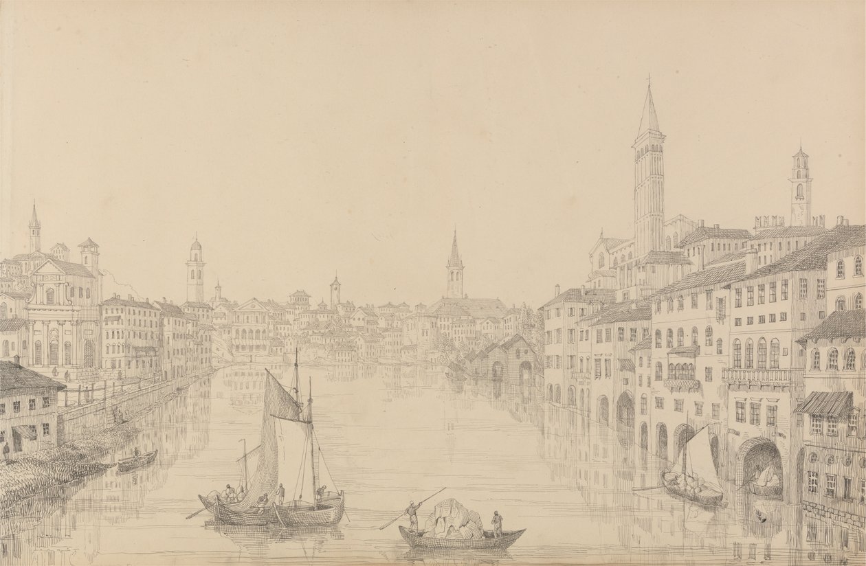Album 30 pohledů v Tyrolsku a Itálii: Město Verona z mostu, 1. listopadu 1840 od Sir Charles D