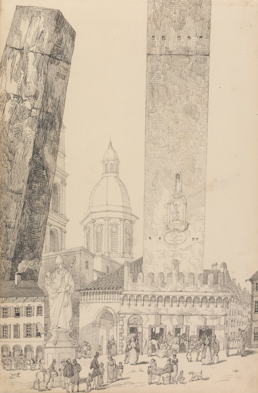 Album 30 pohledů v Tyrolsku a Itálii: Šikmé věže, Socha sv. Františka, Bologna 12. listopadu 1840 od Sir Charles D