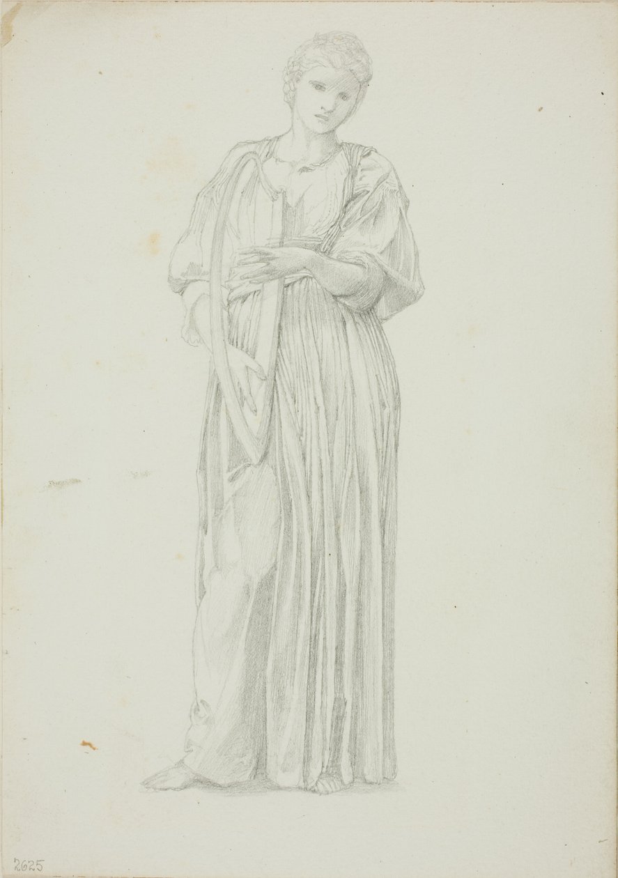 Zahalená postava ženy hrající na harfu od Sir Edward Burne Jones