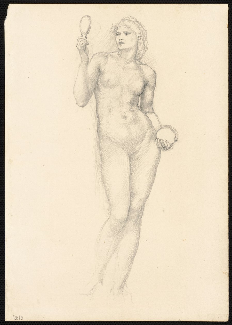 Nahá ženská postava se zrcadlem v pravé ruce od Sir Edward Burne Jones