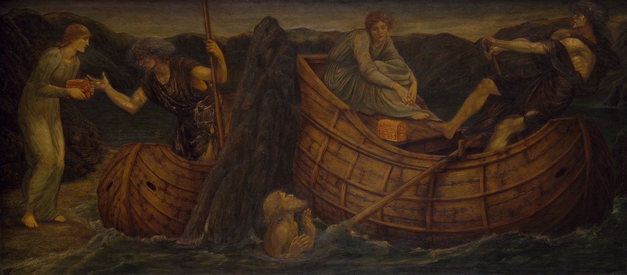 Cupid and Psyche - Palace Green Murals - Psyche dává minci převozníkovi ze Styxu, 1881. od Sir Edward Coley Burne Jones