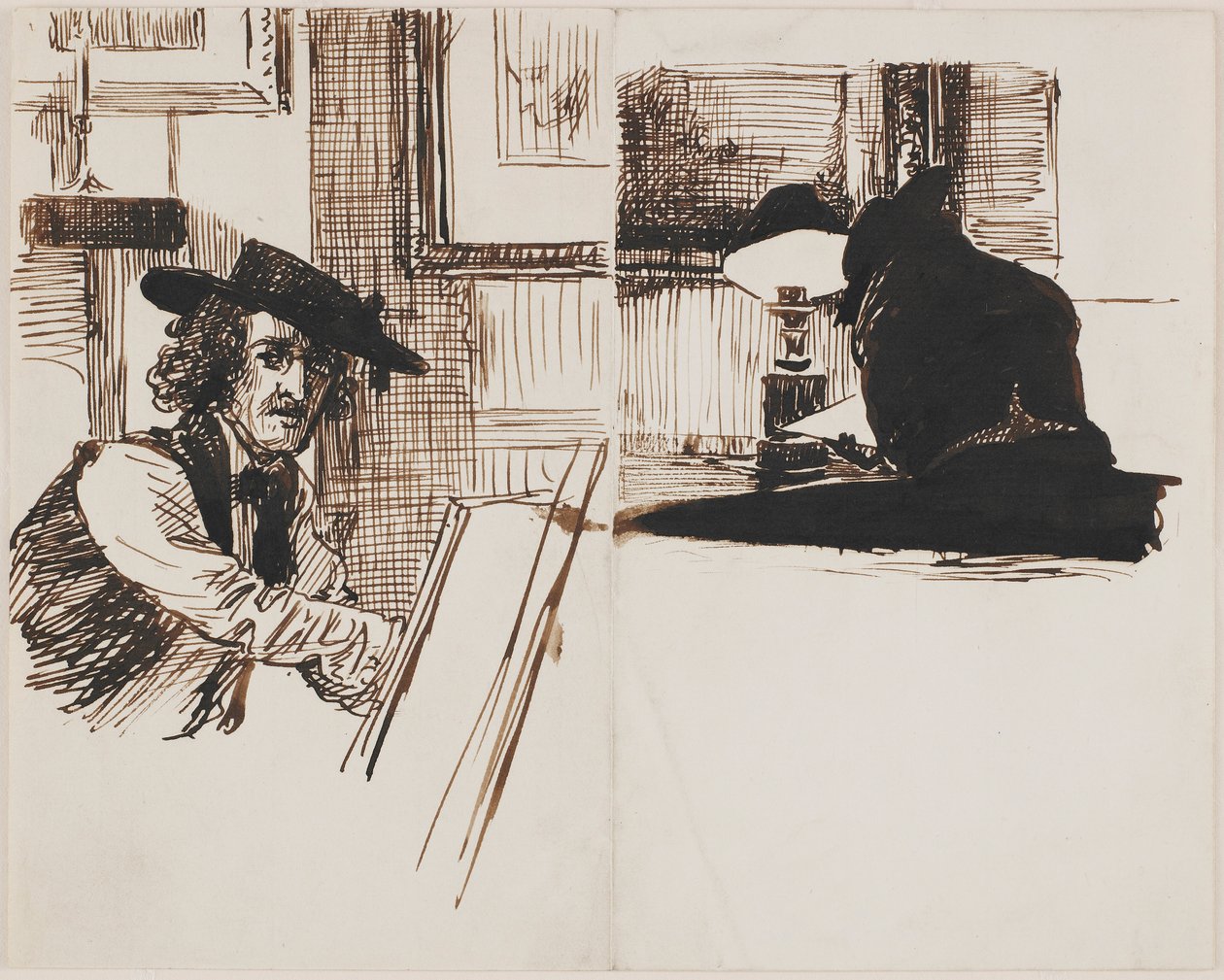 Whistler kreslení Poynter; zadní pohled na muže sedícího u stolu poblíž rozsvícené lampy od Sir Edward John Poynter