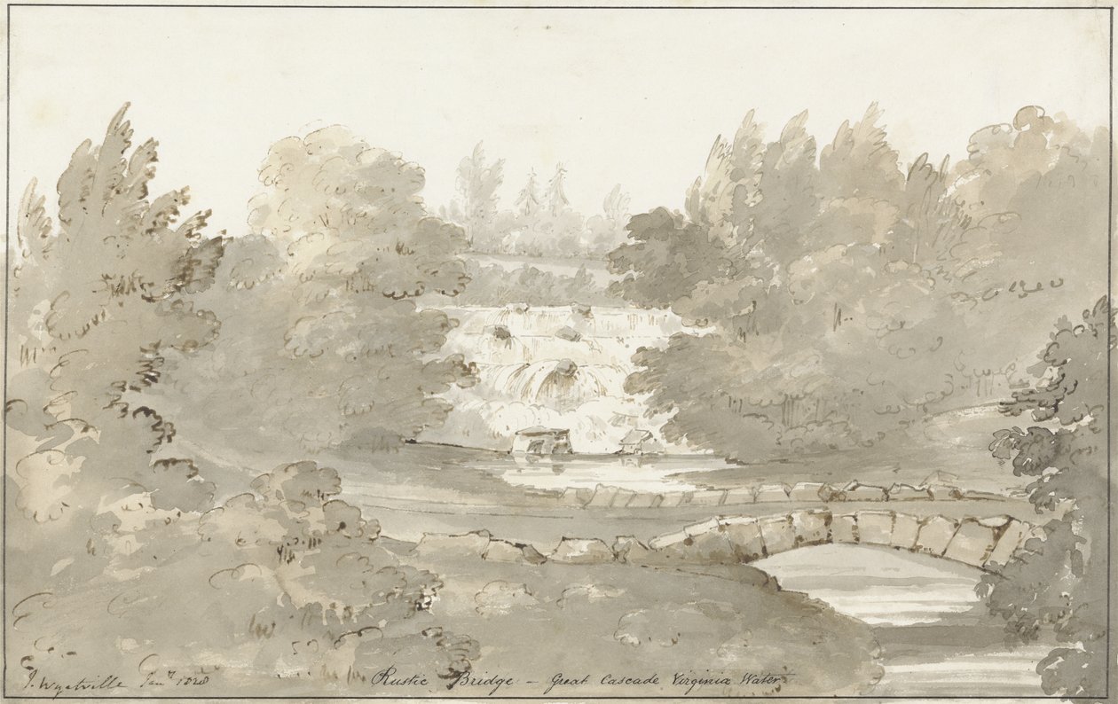 Design pro Rustic Bridge under the Cascade, Virginia Water (pero a inkoust s mytím na papíře) od Sir Jeffry Wyatville