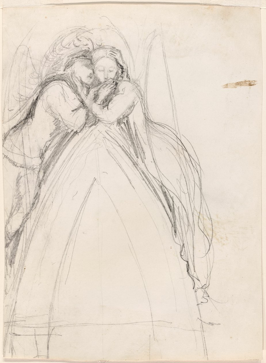 Návrh gotického oblouku s umělcem a Effie Ruskinovou v objetí (recto); návrh gotického oblouku s Effie jako andělem (verso) od Sir John Everett Millais