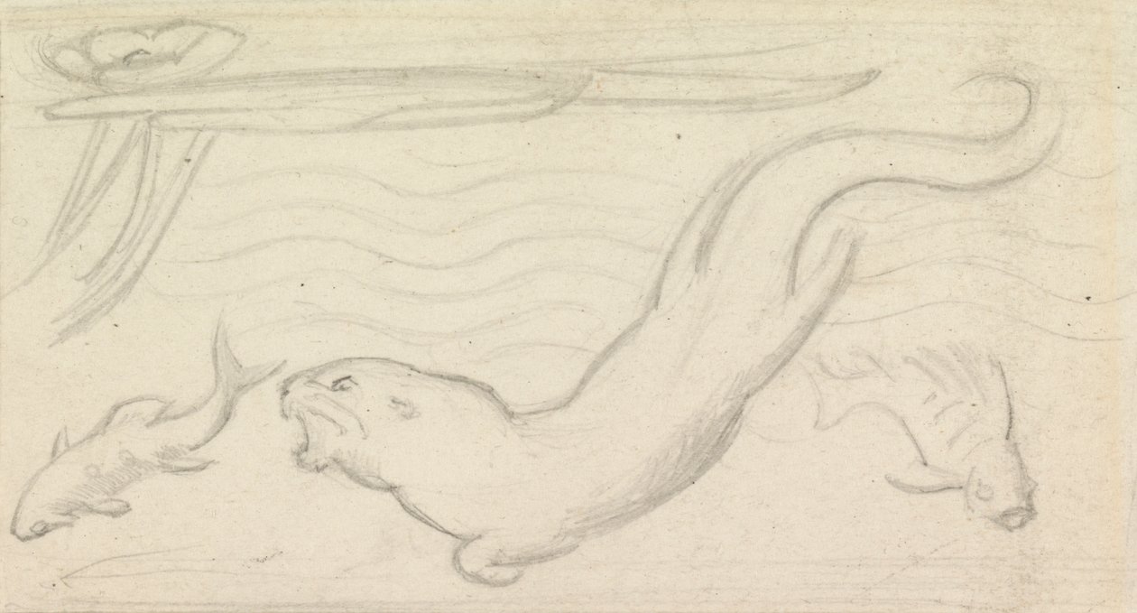 Studie z barevného skla, vydra a dvě ryby od Sir John Everett Millais